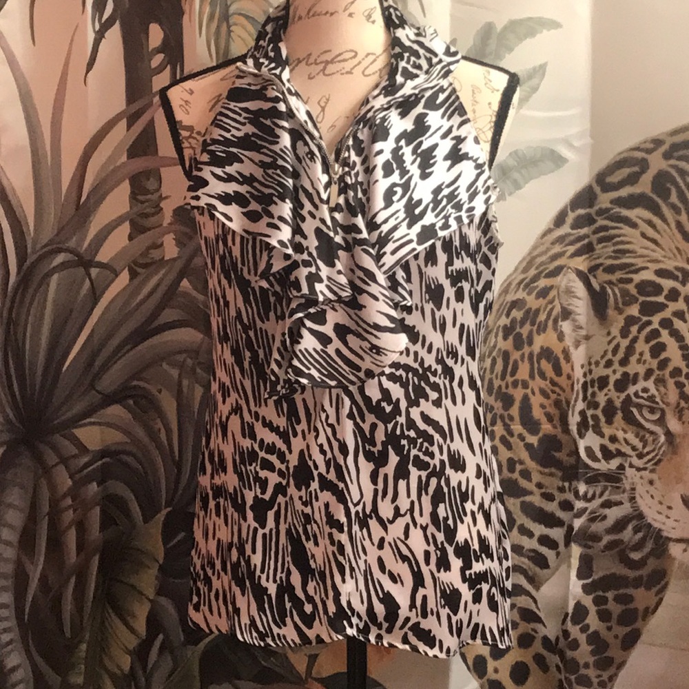 SEXY HALTER STYLE RUFFLE ZIP FRONT ZEBRA PRINT TOP SMALL